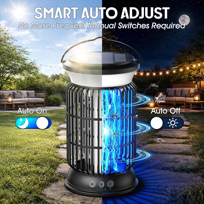 Solar Bug Zapper Outdoor Rechargeable Mosquito Zapper with Cordless Solar Power, Long Runtime Battery, Ip66 Waterproof Portable Fly Zapper for Garden Camping Travel Home