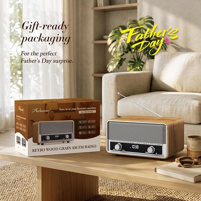 Vintage Wood AM FM Bluetooth Radio Plug in Wall, Digital Radio with Time Display | No Alarm | Sleep Timer |40 Presets, Retro Bluetooth Speaker for Office, Kitchen (Light Walnut)