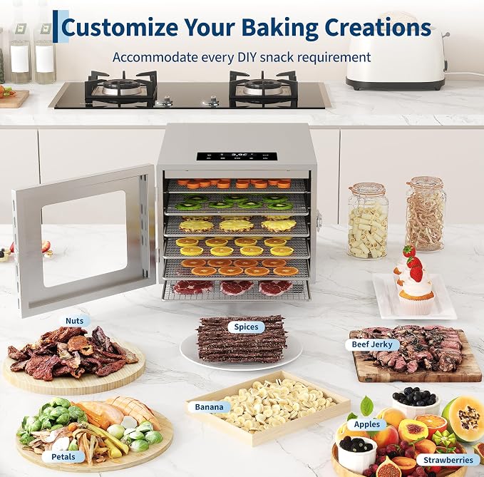 Food Dehydrator, 6 Stainless Steel Trays, 85–170°F Temperature Control | 420W Jerky Dehydrator, 4 ft² Drying Space, 24-Hour Timer, for Meat, Fruit, Veggies, Dog Treats & Snacks, Bright-Silver