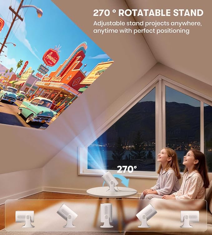 Miroir Roku TV Smart Projector with WiFi and Bluetooth, 150 ANSI, Dolby Audio, 270° Rotatable Stand, Auto Keystone & Zoom — Portable Mini Outdoor Movie Projector with Roku Streaming Built-in