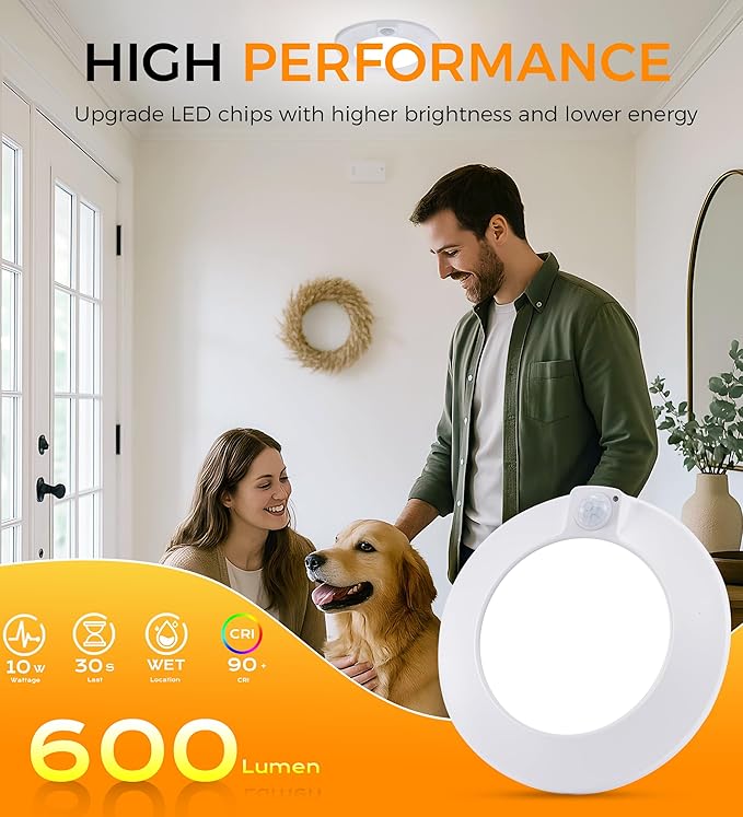 CLOUDY BAY [4 Pack] Motion Sensor Ceiling Light Indoor,120V CRI90 10W 5000K Bright Day Light,6.5 inch LED Flush Mount Ceiling Lighting Fixture for Garage,Walk-in Closet,Attic,Pantry Wet Location