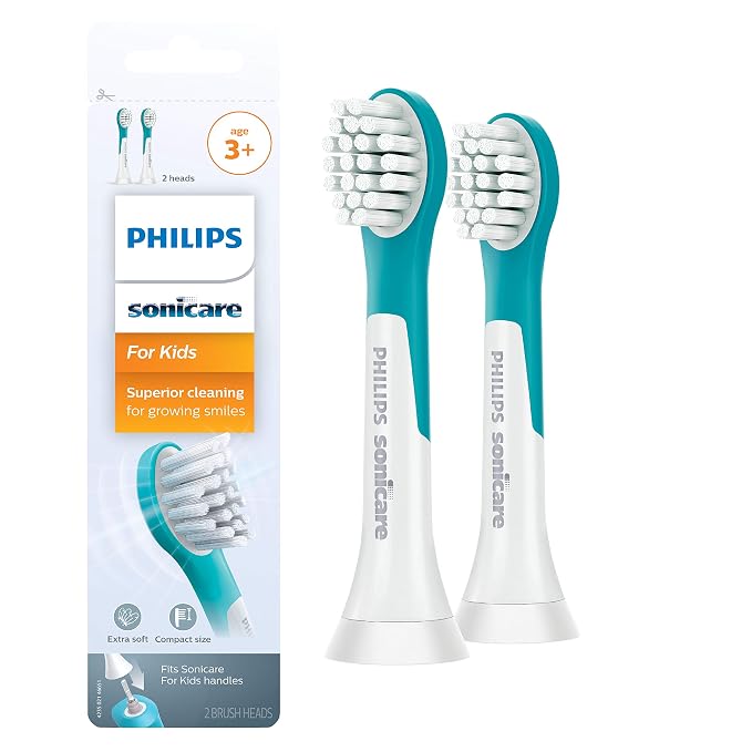 Philips Sonicare for Kids 3+ Genuine Replacement Toothbrush Heads, 2 Brush Heads, Turquoise and White, Compact, HX6032/94 & Genuine C2 Optimal Plaque Control Toothbrush Heads, 3 Brush Heads, White