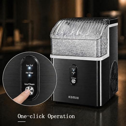 Kismile Nugget Ice Maker Countertop, Sonic Ice Maker with 35Lbs/24H, First Ice in 7 Mins, 1.2L Water Tank, Ice Basket Holds 2.2Lbs, Self-Cleaning Pebble Ice Machine for Home Kitchen Office Bar(Black)