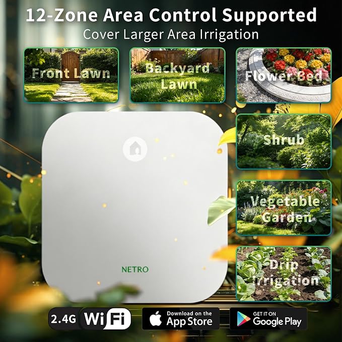 Netro Smart Sprinkler Controller 12 Zones Sprinkler Timer App-Based Irrigation Controller for Garden Lawn 2.4GHz WiFi Weather Service Plant Database APP Community Rain Skips Compatible with Alexa