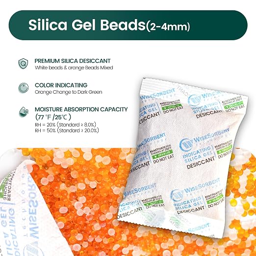 Wisesorb 5Pcs 100g Rechargeable Desiccant Packs, Indicating Silica Gel Packets, Moisture Absorbers for Storage, Gun Safe Dehumidifiers