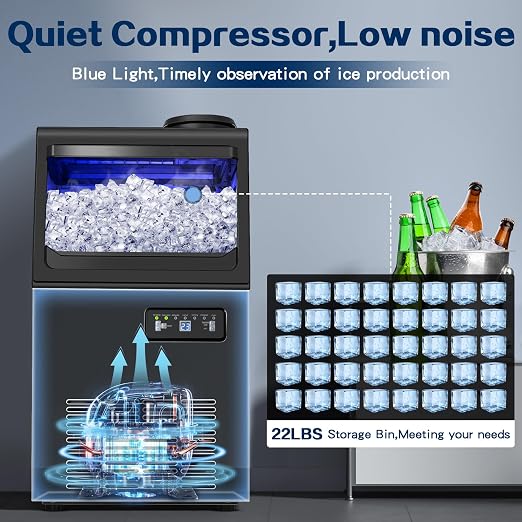 Commercial Ice Maker Machine 110LBS/24H, Undercounter or Freestanding Ice Machine with 22LBS Storage Bin, Stainless Steel Self-Cleaning for Home, Bar, Restaurant, Coffee Shop