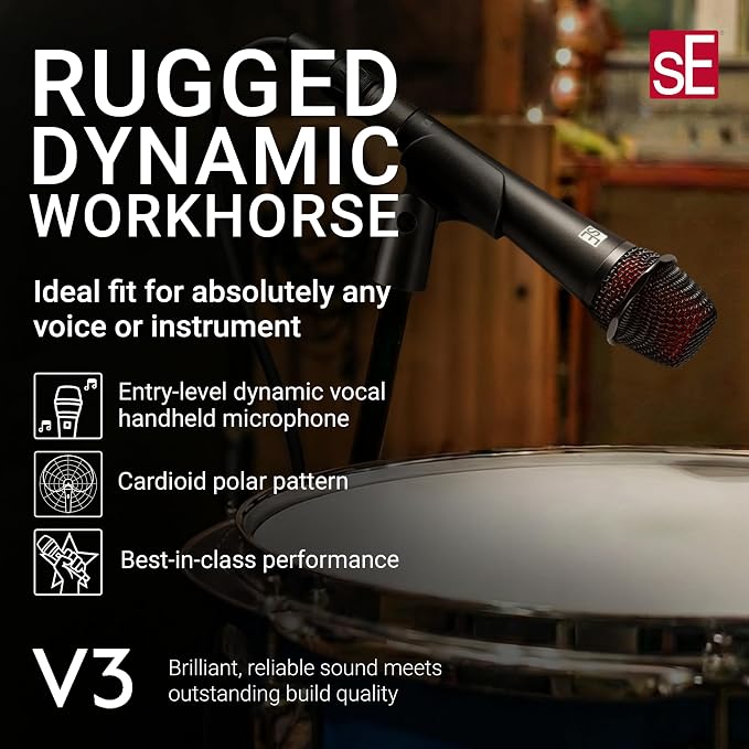 SE ELECTRONICS V3 Dynamic Microphone for Singing, Speech, Instruments & Studio Recording - XLR Handheld Vocal Microphone with Cardioid Polar Pattern for Reduced Stage Bleed - Rugged All-Metal Housing