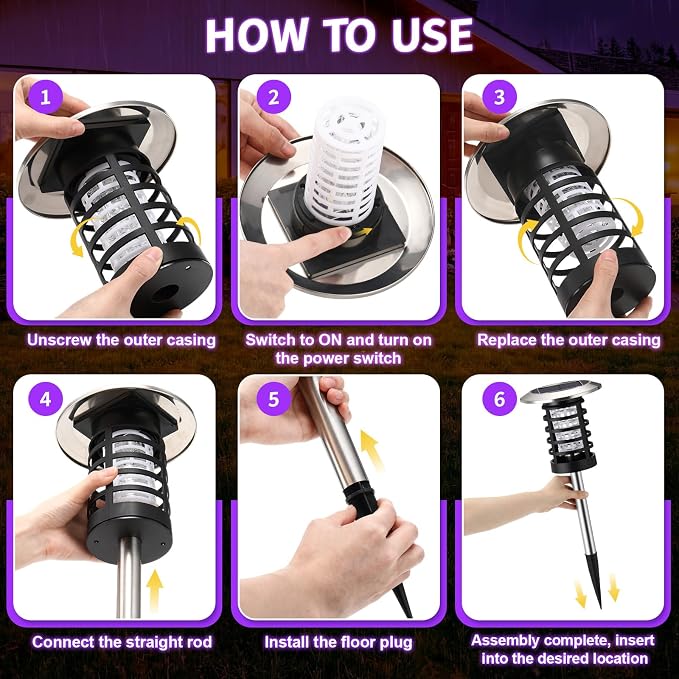 2 Pcs Solar Bug Zapper Outdoor Waterproof Mosquito Repellent Light Solar Power Fly Killer lamp for Moths, Gnats, Fly Small Flying Insect Backyard Garden (Plastic,Purple & White Light)