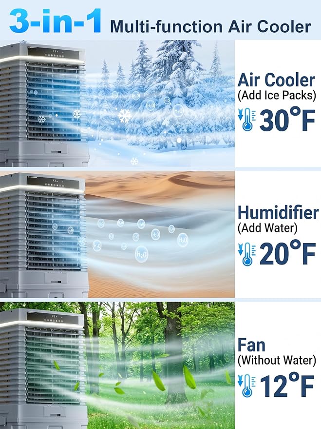 Uthfy 4000CFM Swamp Cooler for Large Room, 41” Evaporative Air Cooler with 13.5Gal Detachable Water Tank, 12H Timer, Ambient Light, 120° Oscillation, Indoor & Outdoor Air Conditioner for Patio, Garage