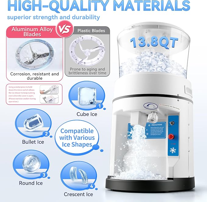 Electric Ice Shaver Machine 400W Commercial Shaved Ice Machine with Safety Switch & Emergency Button, 1058lbs/ Hr Rotate Speed & Strong Power Tabletop for Parties Events Snack Bar(12.6Qt)
