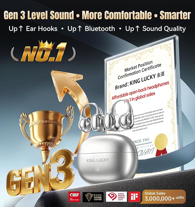 King Lucky Next-gen Clip on Earbuds Open Ear Wireless Bluetooth 6.0 Headphones with Mic,50H Play,ENC,IPX5 Waterproof,Sports Ear Buds,Comfortable for Small Ears&Fitness,Run (Silver, Standard)