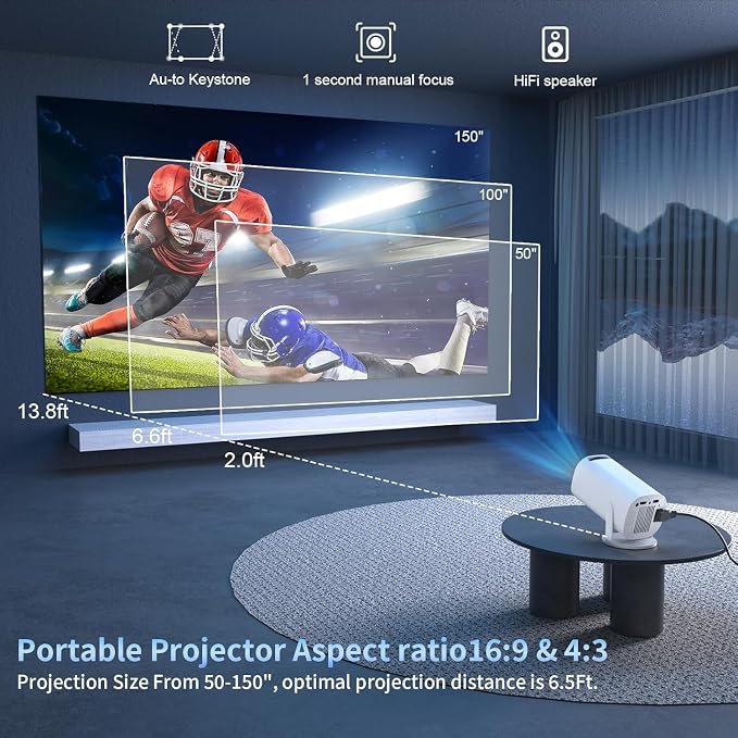 Mini Projector with WiFi and Bluetooth, Portable Outdoor Movie Projector Supports 4K/8K with Android System, Smart Proyector for Home Theater, Business Presentation, Gmaing