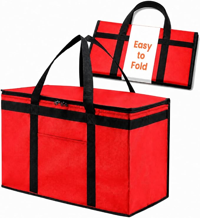 NZ home Insulated Bags for Food Delivery (2XL) Grocery Shopping Cooler Bag, Pizza Delivery, Hot & Cold Catering Tote, Reusable, Foldable & Heavy Duty (Red)
