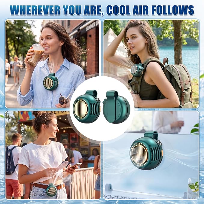 2 Pack Portable Silent Mini Bladeless Fan Clip On 5 Adjustable Speeds Digital Display 360 Rotatable USB Rechargeable Electric Small Fan for Shirt Waist Outdoor Travel(Green)