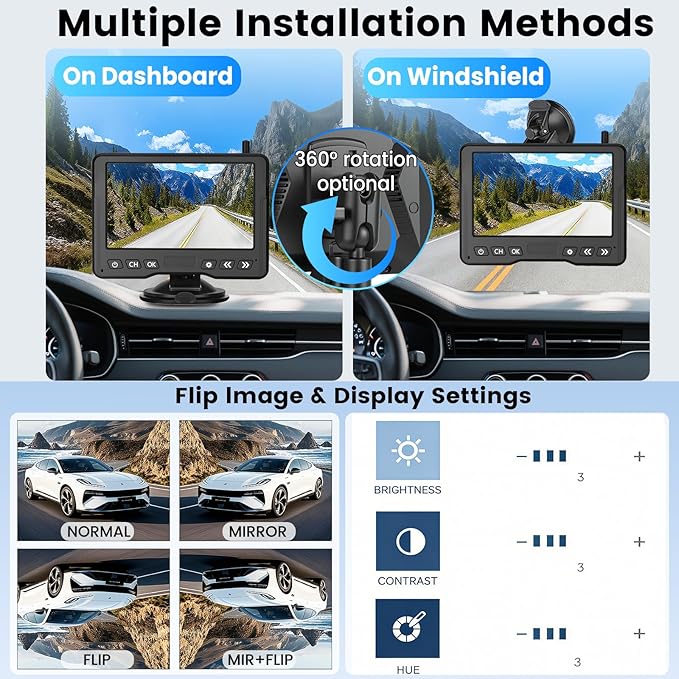 15-Min Install Wireless Backup Camera for Car with 5" HD Dual-Channel Monitor, Plug and Play Stable Signal 1080P No Drill Waterproof IR Night Vision Rear View Camera for Car, SUV, Pickup, Van