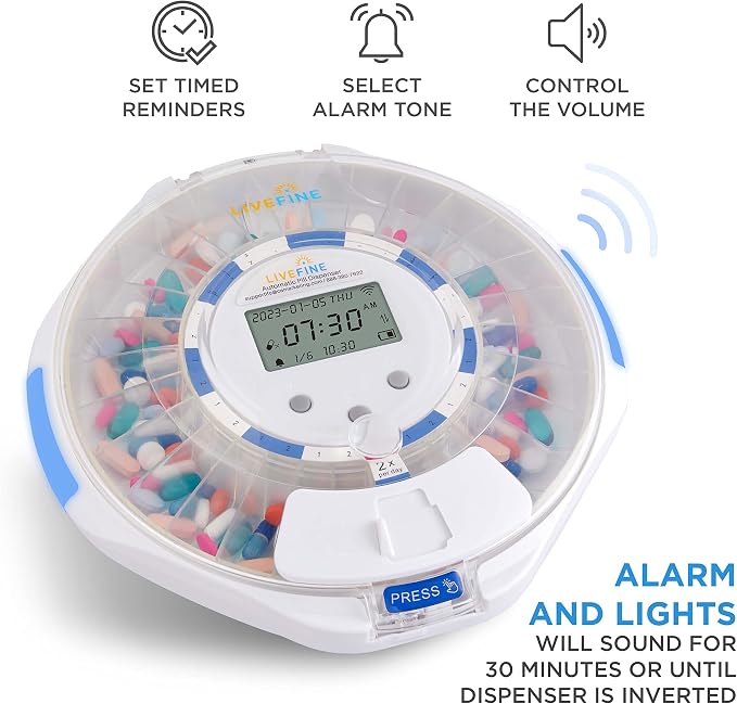 Live Fine Smart WiFi Automatic Pill Dispenser Clear Lid | 28-Day Medication Organizer Up to 9 Doses Per Day for Care Monitoring with Lock Key, Light/Sound Alarms for Prescriptions & Vitamins