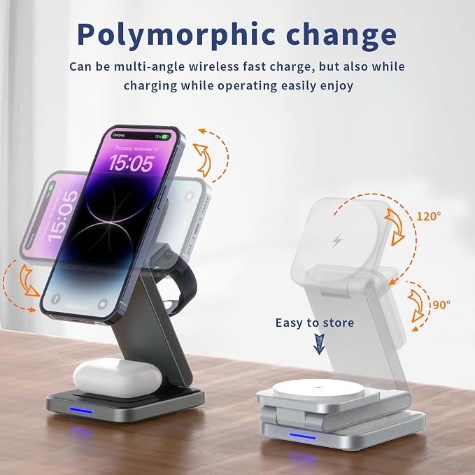 SIMPKEELY 3-in-1 Magnetic Wireless Charging Station, 15W Fast Charger Stand for iPhone/Apple Watch/AirPods, Foldable Design (White)