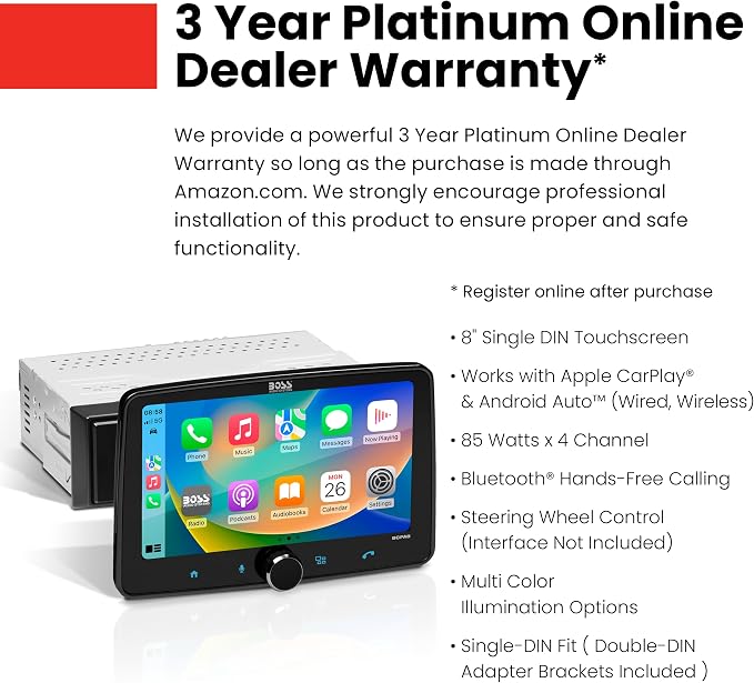 BOSS Audio Systems BCPA8 Single DIN Car Stereo Wireless Apple CarPlay, Android Auto, 8 Inch Touchscreen, Bluetooth, AM/FM Radio Receiver