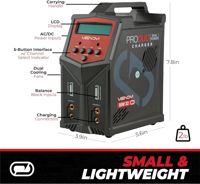 Venom Power Pro Duo LiPo Battery Charger - LCD Screen, Charging Leads - Balance Charger & Discharger for LiPo, LiHV, Li-Ion, Life, NiMH, NiCD, Pb Batteries - Power Supply for 1S- 6S, Drone & RC Cars