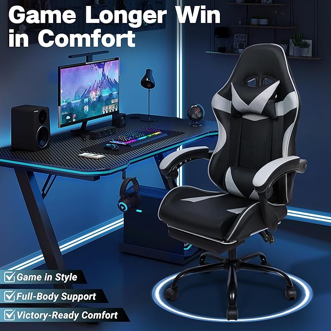 Gaming Chair, Ergonomic Computer Chair with Footrest and Lumbar Support, Height Adjustable Office Chair with 360° Swivel Seat and Headrest (Black & Grey)