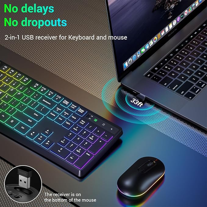Wireless Keyboard and Mouse Combo, Lovaky 2.4G Full-Sized Ergonomic Keyboard Mouse, 3 DPI Adjustable Cordless USB Keyboard and Mouse, Quiet Click for Computer/Laptop/Windows/Mac (RGB Rainbow, 1 Pack)