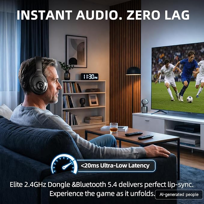AOC Wireless Headphones for TV, TV Headphones Wireless for Seniors, 2.4GHz Plug and Play Transmitter for No Audio Delay, 48H Battery Over Ear Headset with Bluetooth 5.4