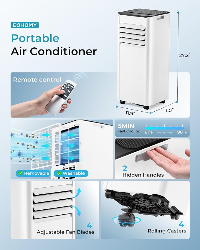 EUHOMY 8,000 BTU Portable Air Conditioner, 3-in-1 Portable AC Unit with Cools, Dehumidifier, Fan, 50 dB Sleep Mode, Cools 350 Sq.Ft. with 350 CFM Airflow, Installation Kit for Bedroom, Livingroom