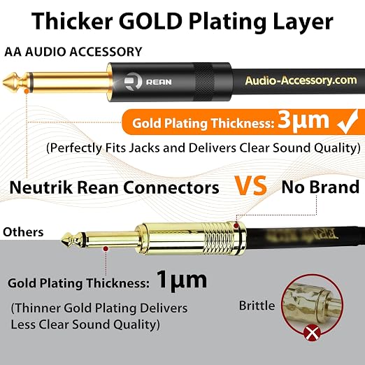 AA AUDIO ACCESSORY Pro Series Guitar Cable 10 ft, Gold-Plated Neutrik REAN Connector, 18 AWG 99.99% OFC, Low Capacitance Straight to Straight 1/4 Inch Instrument Cable for Fender Ernie Ball Mogami