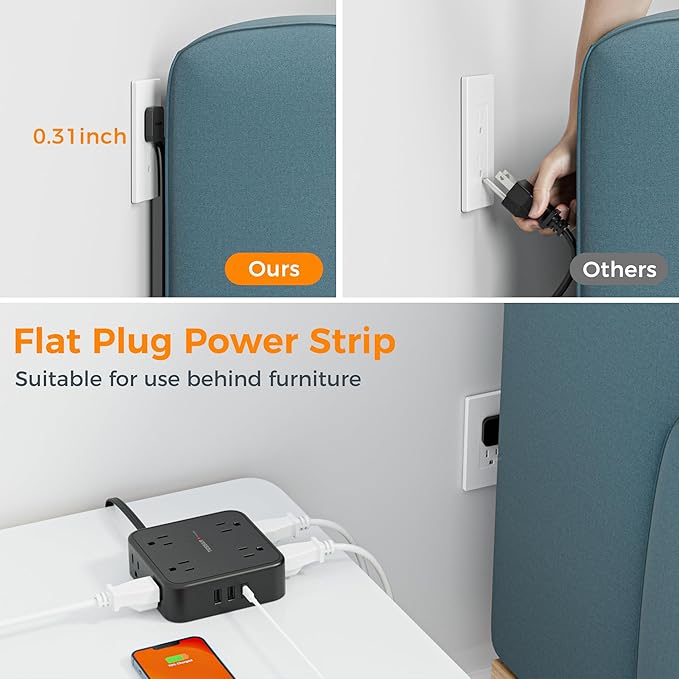 TESSAN Surge Protector Power Strip, 15 Ft Flat Plug Extension Cord with 3 USB (1 USB C) 8 Outlets, 1250W, 900J Protection, 3 Sided Outlet Extender with Power Switch for Office, Dorm Room, Black