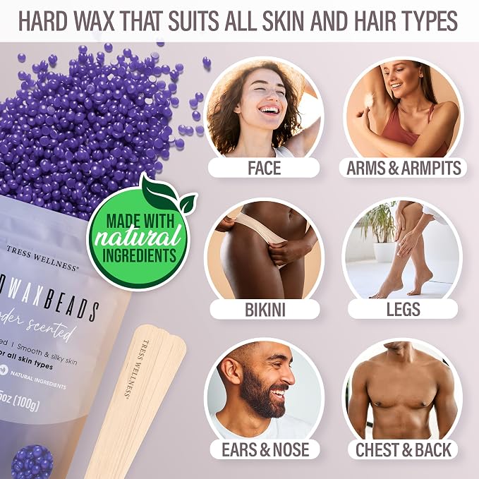 Tress Wellness Award Winning Waxing Kit for Sensitive Skin – Safe for Face & Skin, Easy to Use – At-Home Kit for Face, Bikini, Brazilian & Full Body - Digital Display, Dusty Lilac