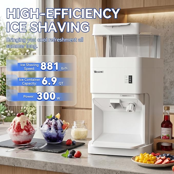 Electric Ice Shaver Machine, 300W Shaved Ice Machine, Thickness Adjustable Snow Cone Machine 881LBs/hr Rotate Speed & Strong Power for Home and Parties Events Snack Bar (6.9Qt)