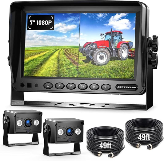 ZEROXCLUB 2 Wired Rear View Backup Camera System, 7" 1080P Monitor IP69K Waterproof Vibration-Proof 10G Reverse Camera, Dual Split Screen for Tractor, Truck, Trailer, Combine, Heavy Equipment, BH702