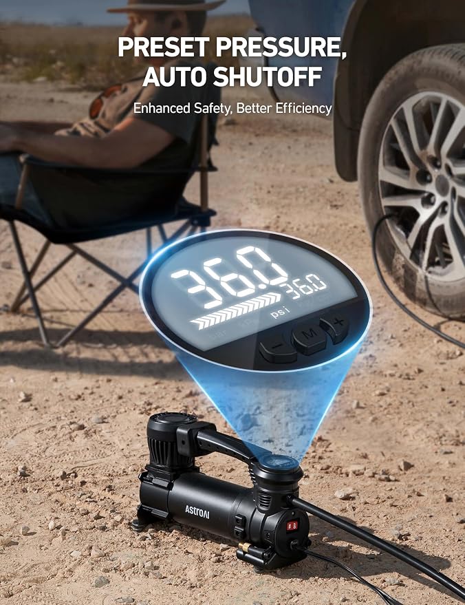 AstroAI T4 Truck Tire Inflator Portable Air Compressor, 120PSI Heavy Duty 12V Air Compressor with Digital Gauge & Auto Shut Off, Fast Inflation Air Pump for Trucks, Pickups, SUVs, RVs | Alligator Clips, LED Light