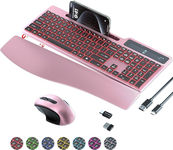 Wireless Keyboard Mouse Combo, Full Size Quiet Ergonomic Keyboard with Calculator, Backlit, Wrist Rest, Phone Holder, 2.4Ghz Silent Rechargeable Keyboard & Mouse for Laptop, PC, Windows (Pink Black)