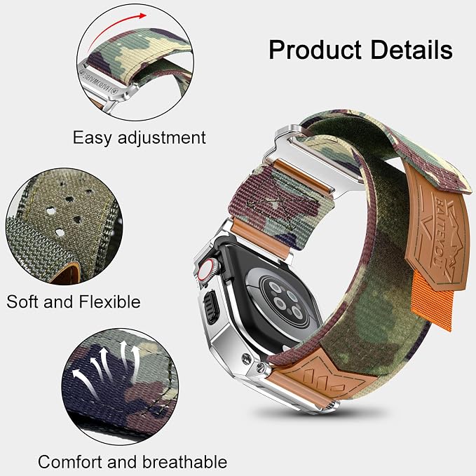 BAITEYOU Band with Case Compatible with Apple Watch Band 45mm Series 9 8 7, Nylon Strap with Stainless Steel Metal Rugged Case Cover for iwatch Bands for Men