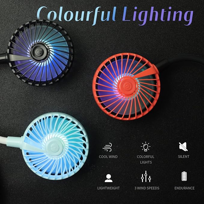 VAGAU Portable Cooling Neck Fan, Rechargeable USB Personal Neck Fan with Colorful LED lights, 360° Rotation for Office Travel Sport, 3 Adjustable Speeds（Blue）
