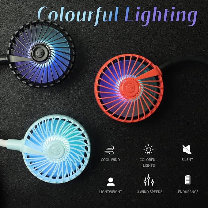 VAGAU Portable Neck Fan with Colorful LED Lights, 360 Rotation, Wearable Air Conditioner for Office Travel Sport, 3 Adjustable Speeds (Pink)