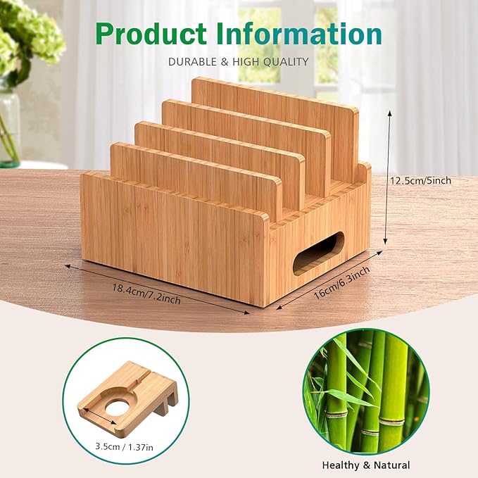 Pezin & Hulin Bamboo Charging Station for Multiple Devices with 5 Port USB Charger,5Cables,Smart Watch&Earbuds Stand, Desk Docking Stations Electronic Organizer for Cell Phone, Tablet (Natural)