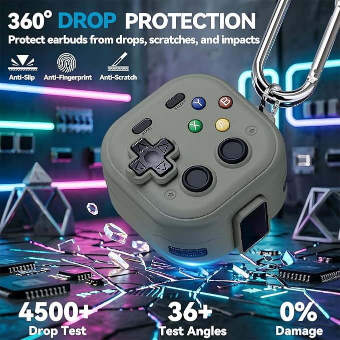 for Galaxy Buds 4 Pro Case and Buds 4 Case Cover, Secure Lock Case for Samsung Galaxy Buds 4 Pro 2026, Funny Game Hard Shell Cover with Cleaner Kit and Keychain for Men Boy Women, Gray-Green