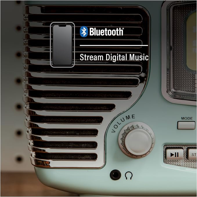 Crosley CR612B-AB Corsair Tabletop AM/FM Bluetooth Radio with CD Player and Dual Alarm Clock, Aqua Blue