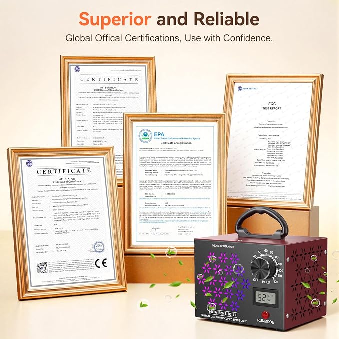 120,000mg/h Ozone Generator Machine with Temp/Humidity Display, Triple Side Vents for Enhanced Airflow - Faster & Wider Ozone Odor Eliminator Air Purifier for Home, Car, Pets, Up to 6000 Sqft