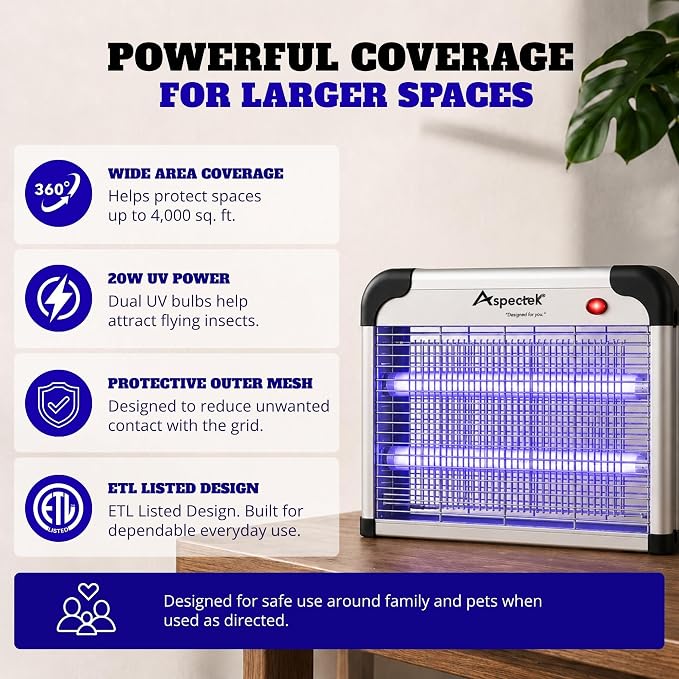 ASPECTEK 20W Electric Bug Zapper, UV Fly Trap and Mosquito Killer for Indoor and Covered Outdoor Spaces, Patio, Garage, Includes 2 Replacement Bulbs, Effective Gnat, Moth and Insect Control