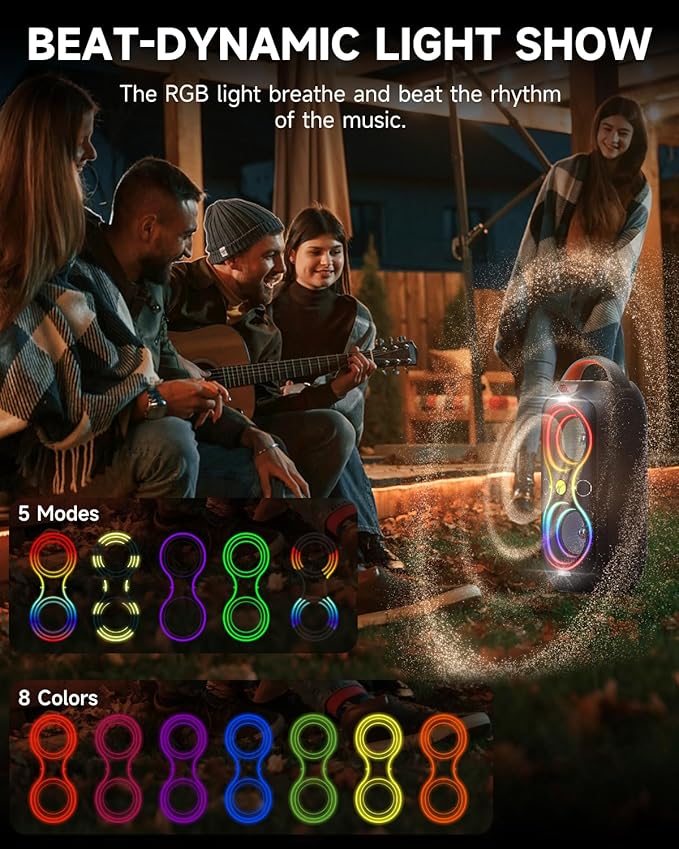 Wireless TWS Portable Bluetooth Speaker, Beat-Driven Lights, 120dB Loud Stereo Party Speaker with Bluetooth 5.3, USB/TF/AUX/FM/Mic, Built-in Carry Handle, Powerful Sound for Home,Outdoor,Party,Camping