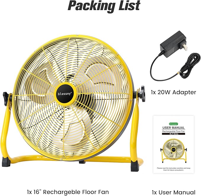 blessny 16'' Portable Rechargeable Floor Fan for Home Patio Camping Gym RV Greenhouse, Max 60 Hours Long Running Time