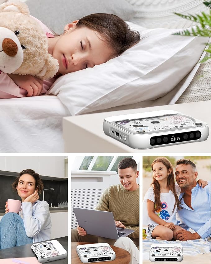 ENVYCLOUD CD Player Portable with Dual Stereo Speakers, Rechargeable Portable Player with Bluetooth for Home with Headphones, Support CD/AUX/USB,White