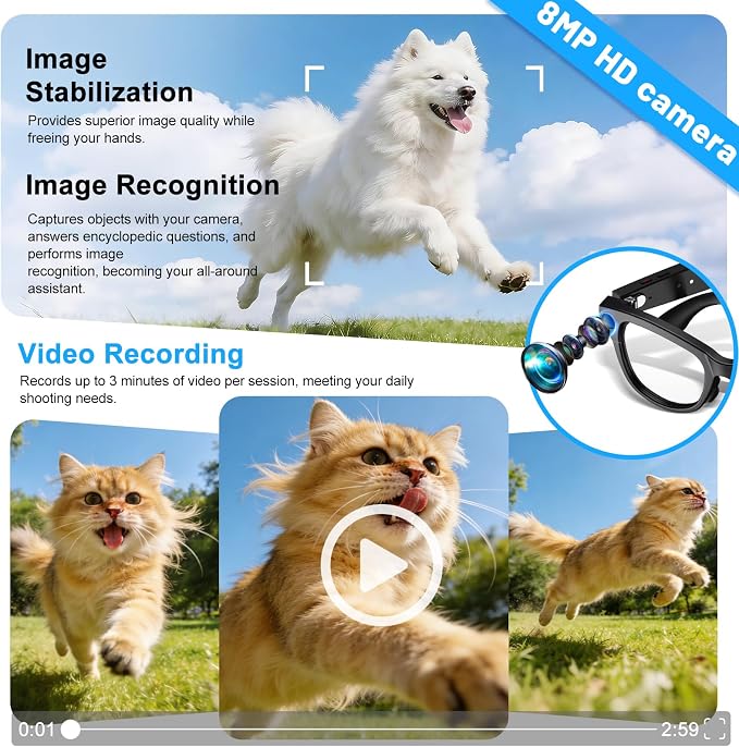 Smart Glasses with Camera with 3600mAh Charging Case, 8MP HD Video Recording with Anti-Shake POV Camera, AI Voice Assistant, AI Smart Glasses with AI Translation for Travel Vlog Business