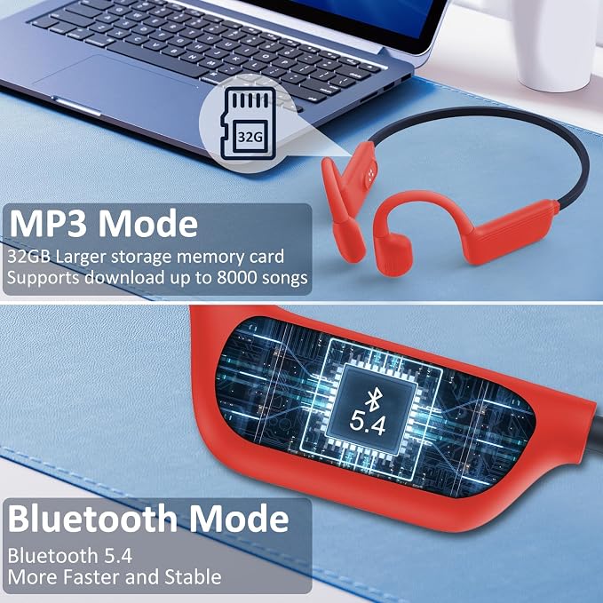 Swimming Headphones-Bone Conduction Headphones, IP68 Waterproof Open Earphones, LiteSurge Bluetooth 5.4 Underwater Sport Earbuds with 32 GB MP3 Memory for Swimming, Marathon-Neon Orange
