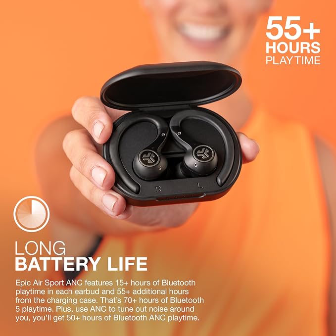JLab Epic Air Sport ANC True Wireless Bluetooth 5 Earbuds, Headphones for Working Out, IP66 Sweatproof, 15-Hour Battery Life, 55-Hour Charging Case, Music Controls, 3 EQ Sound Settings