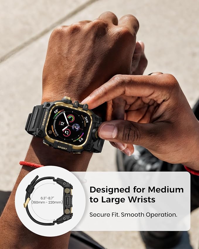 amBand Rugged Case with Band for Apple Watch 44mm, Compatible with iWatch Series SE 3/SE 2nd Generation/SE/6/5/4, Military Grade Shockproof Bumper Cover, Tactical Band for Men, Black Gold