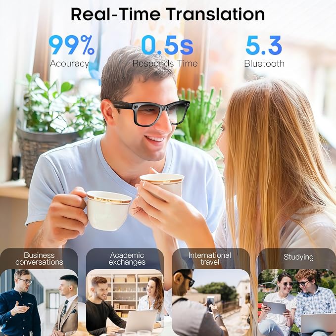 AI Smart Camera Glasses for Men Women, 4K Photography,1080P HD Video Recording,Real-Time Translation, Open-Ear Audio,Voice Assistant, Lightweight (Black Frame-Photochromic Lens)